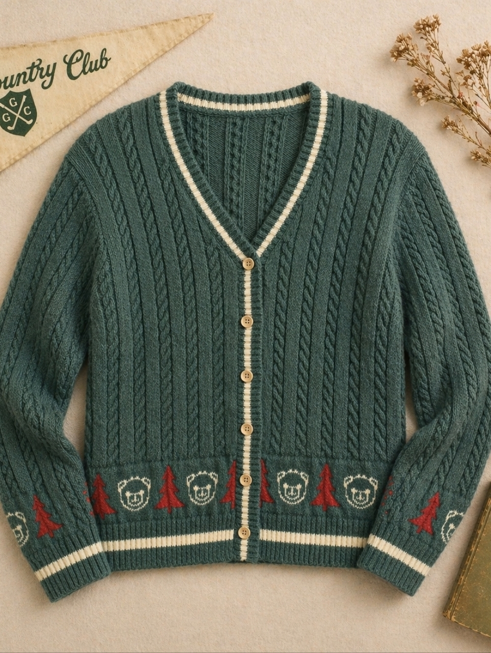 Folklore Style Vtg Green Christmas Long Sleeve Cardigan Sweater. Ladies Small